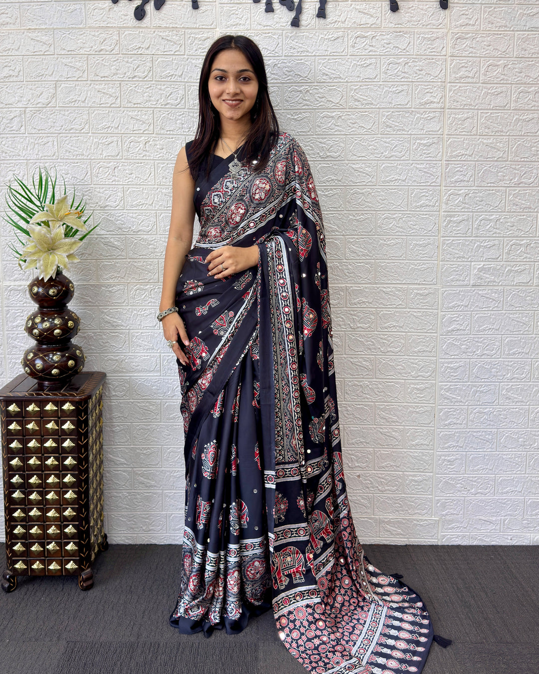 Black Modal Silk Saree with Elephant Motif Ajrakh Print &amp; Heritage Designer Pallu | Traditional Festive Wear Saree