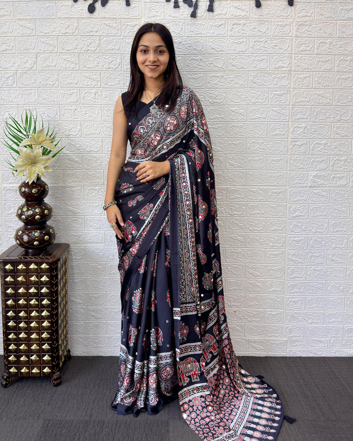 Black Modal Silk Saree with Elephant Motif Ajrakh Print &amp; Heritage Designer Pallu | Traditional Festive Wear Saree