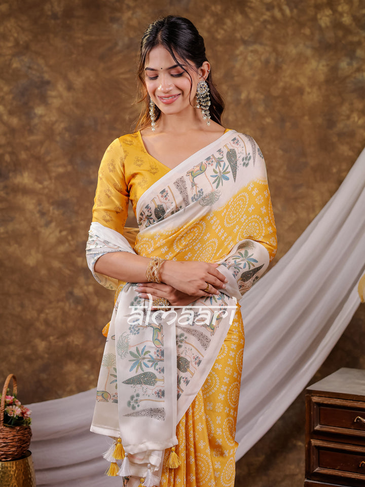 Vantara Mustard Yellow Satin Chiffon Printed Saree with Botanical Nature Print, Designer Tassel Pallu & Matching Blouse Piece
