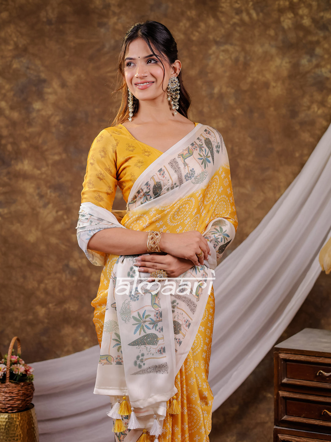 Vantara Mustard Yellow Satin Chiffon Printed Saree with Botanical Nature Print, Designer Tassel Pallu & Matching Blouse Piece