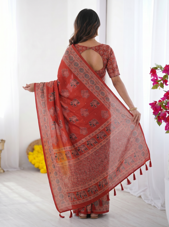 Rust Red Modal Silk Saree with Elephant Motif Ajrakh Print &amp; Designer Pallu | Traditional Ethnic Festive Wear Saree