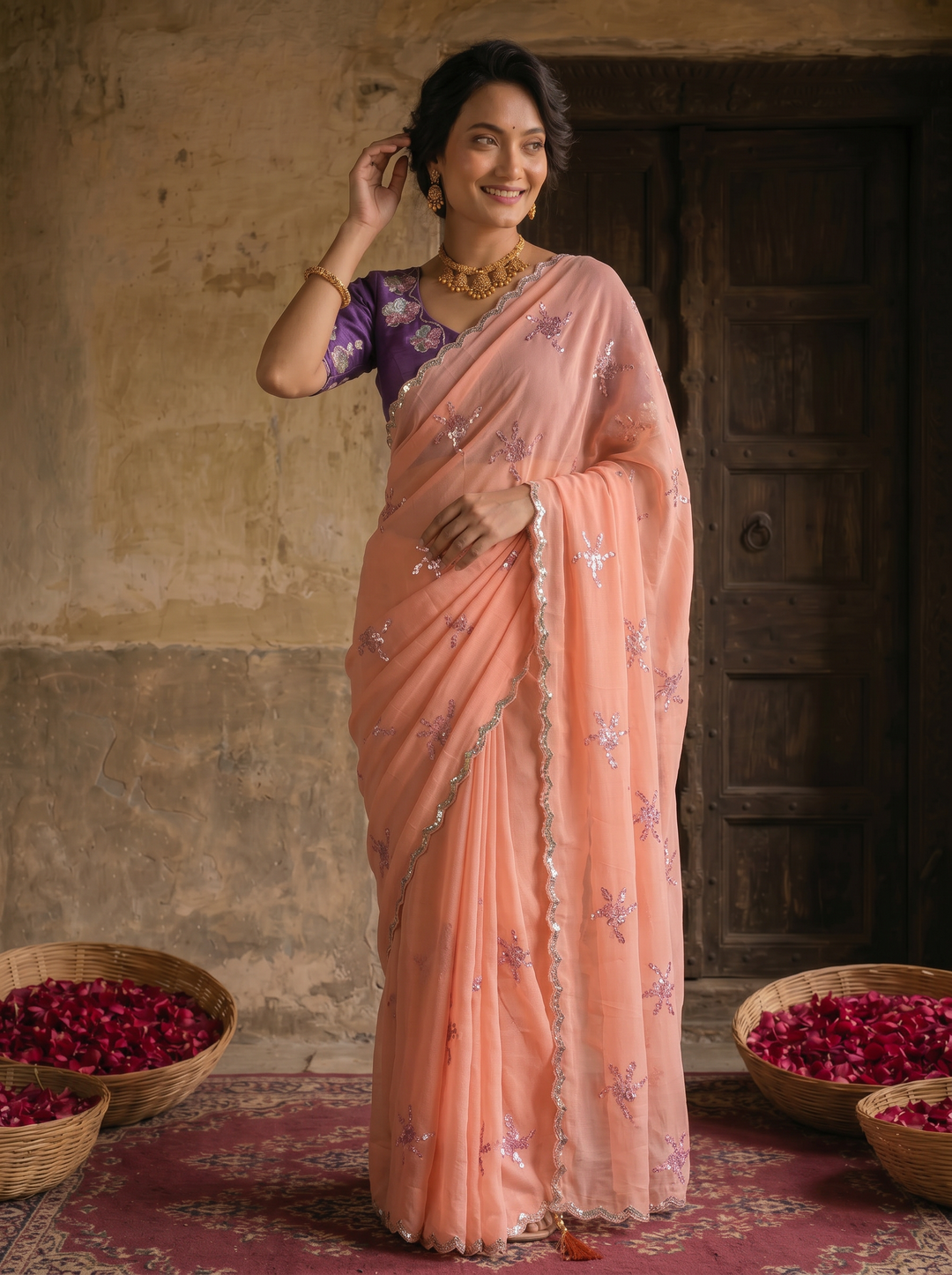 Peach Pink Georgette Embroidered Saree with Floral Sequin Work &amp; Contrast Purple Blouse