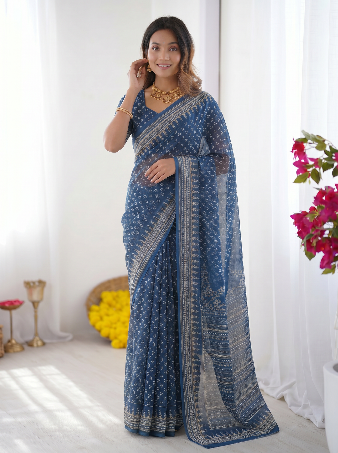 Steel Blue Modal Silk Saree with Delicate Floral Butti Prints, Traditional Heritage Border &amp; Elegant Designer Pallu