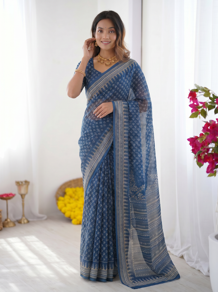 Steel Blue Modal Silk Saree with Delicate Floral Butti Prints, Traditional Heritage Border &amp; Elegant Designer Pallu