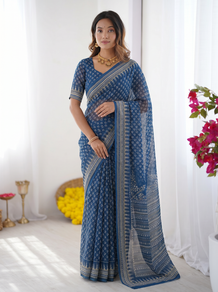 Steel Blue Modal Silk Saree with Delicate Floral Butti Prints, Traditional Heritage Border &amp; Elegant Designer Pallu