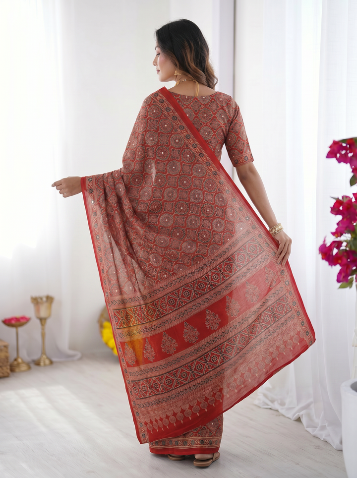 Rustic Brick Red Modal Silk Saree with Heritage Geometric Motifs, Traditional Designer Border &amp; Artistic Pallu