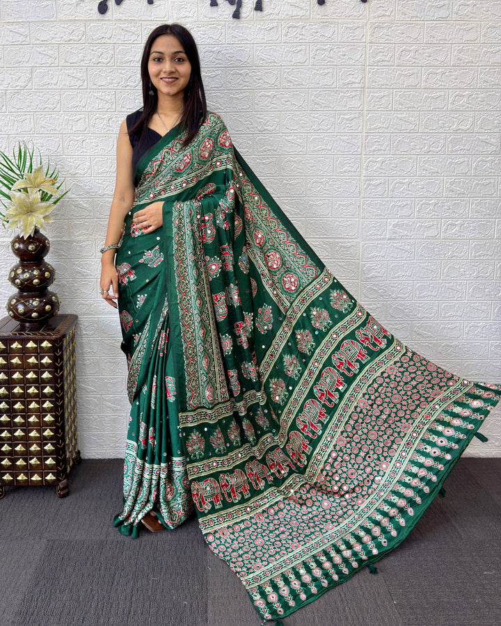 Forest Green Modal Silk Saree with Elephant Motif Ajrakh Print &amp; Designer Heritage Pallu | Traditional Festive Wear Saree