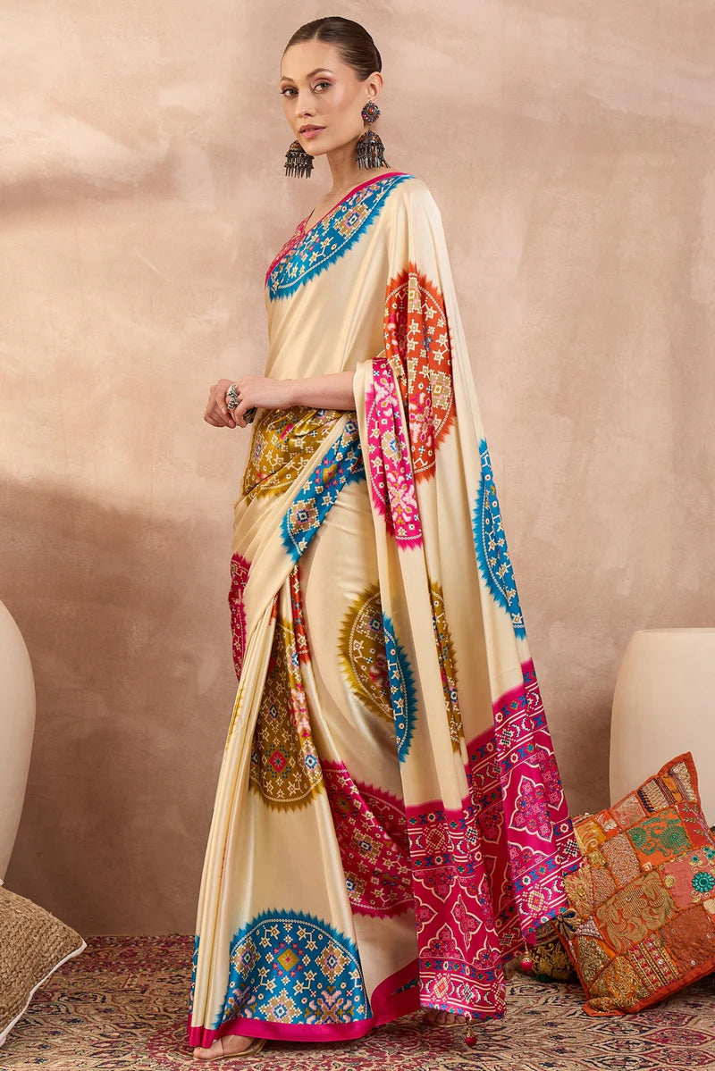 Cream Modal Silk Saree with Multicolor Patola-Inspired Print &amp; Rani Pink Border | Designer Festive Wear Saree