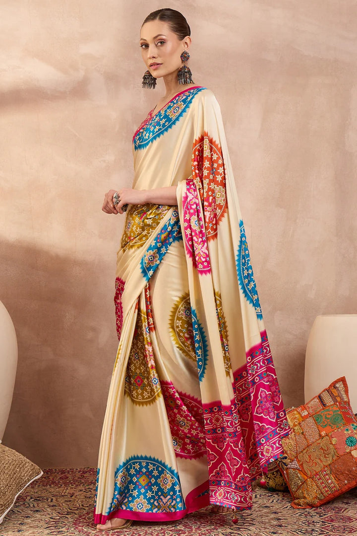 Cream Modal Silk Saree with Multicolor Patola-Inspired Print &amp; Rani Pink Border | Designer Festive Wear Saree