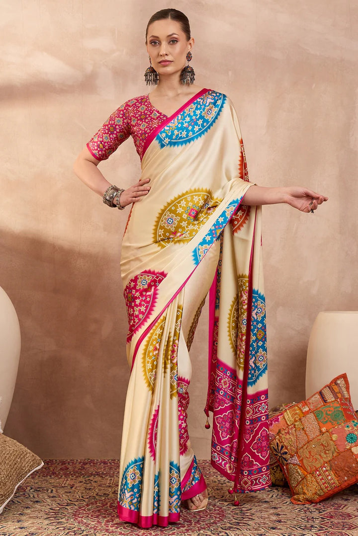 Cream Modal Silk Saree with Multicolor Patola-Inspired Print &amp; Rani Pink Border | Designer Festive Wear Saree