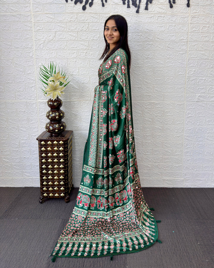 Forest Green Modal Silk Saree with Elephant Motif Ajrakh Print &amp; Designer Heritage Pallu | Traditional Festive Wear Saree