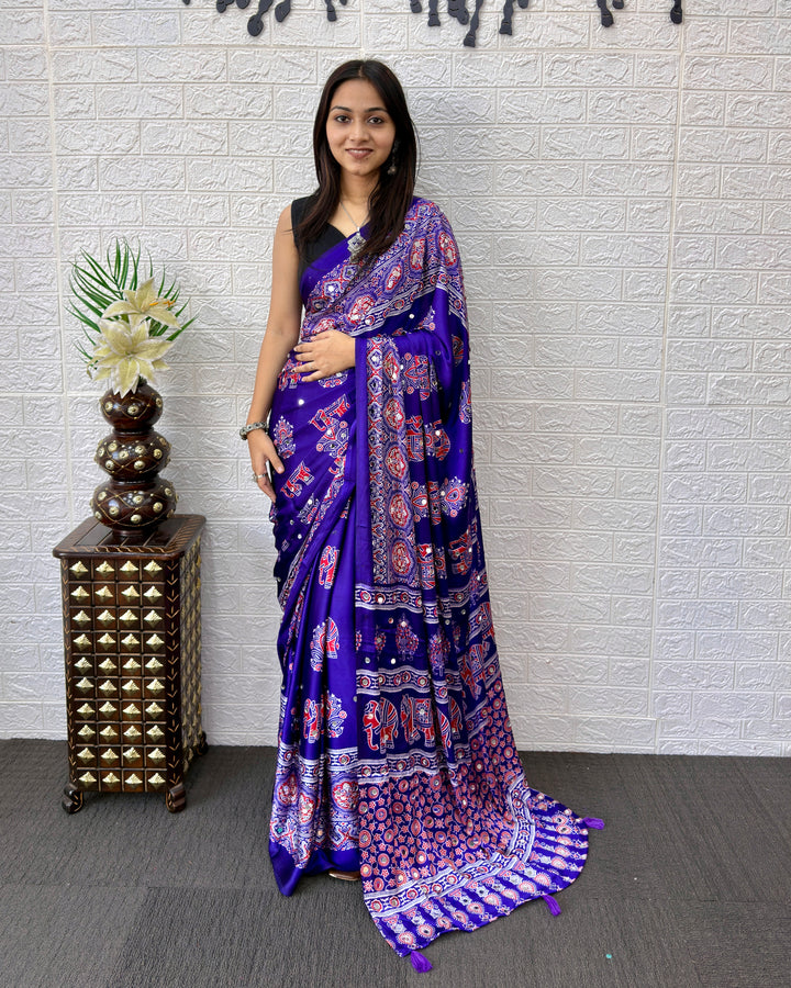 Royal Purple Modal Silk Ajrakh Print Saree with Elephant Motifs, Designer Pallu &amp; Tassels | Festive &amp; Ethnic Wear Saree