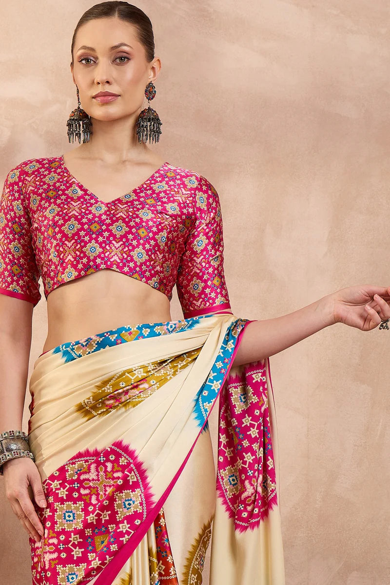 Cream Modal Silk Saree with Multicolor Patola-Inspired Print &amp; Rani Pink Border | Designer Festive Wear Saree