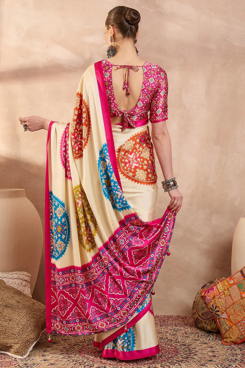 Cream Modal Silk Saree with Multicolor Patola-Inspired Print &amp; Rani Pink Border | Designer Festive Wear Saree