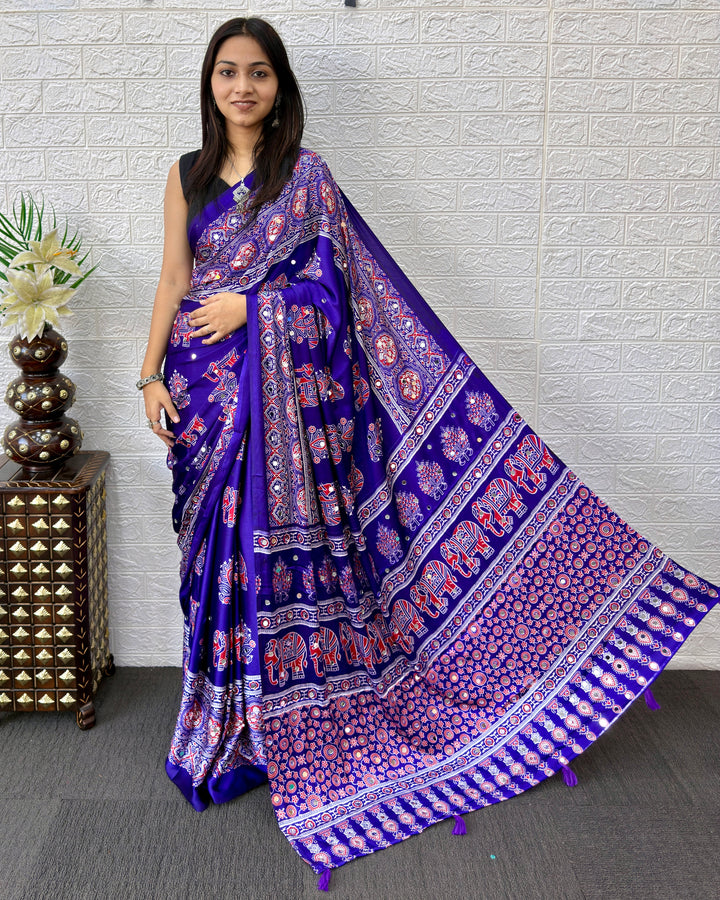 Royal Purple Modal Silk Ajrakh Print Saree with Elephant Motifs, Designer Pallu &amp; Tassels | Festive &amp; Ethnic Wear Saree