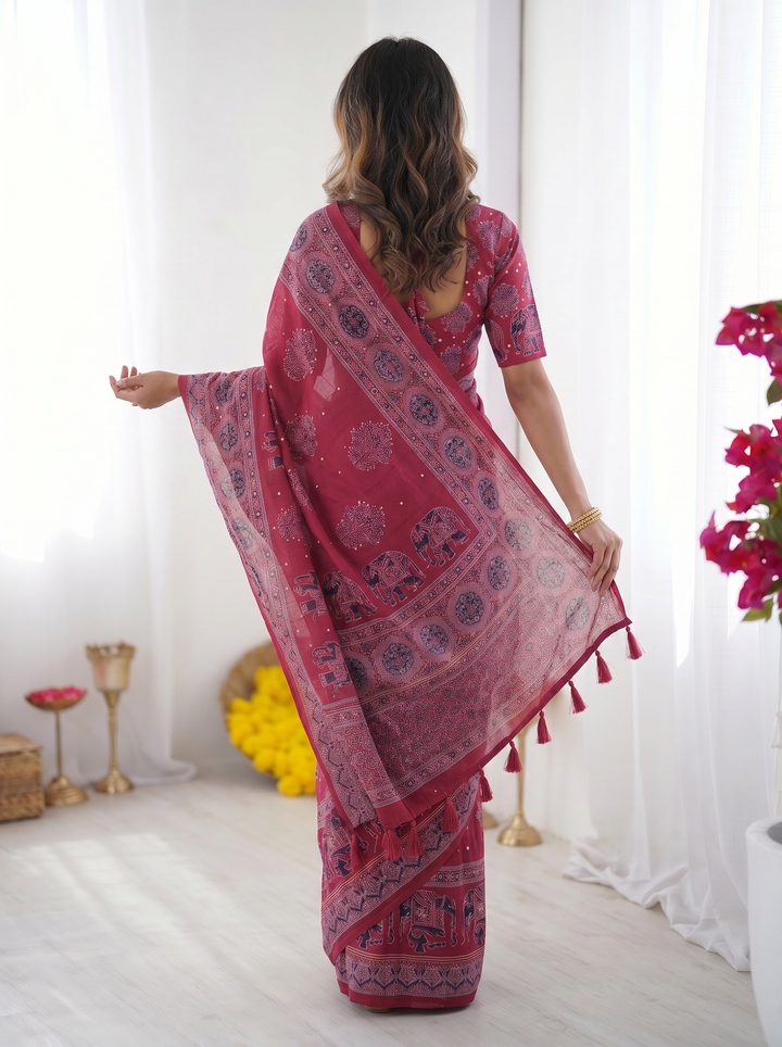 Rani Pink Modal Silk Saree with Elephant Motif Ajrakh Print &amp; Designer Pallu | Festive Ethnic Wear Saree