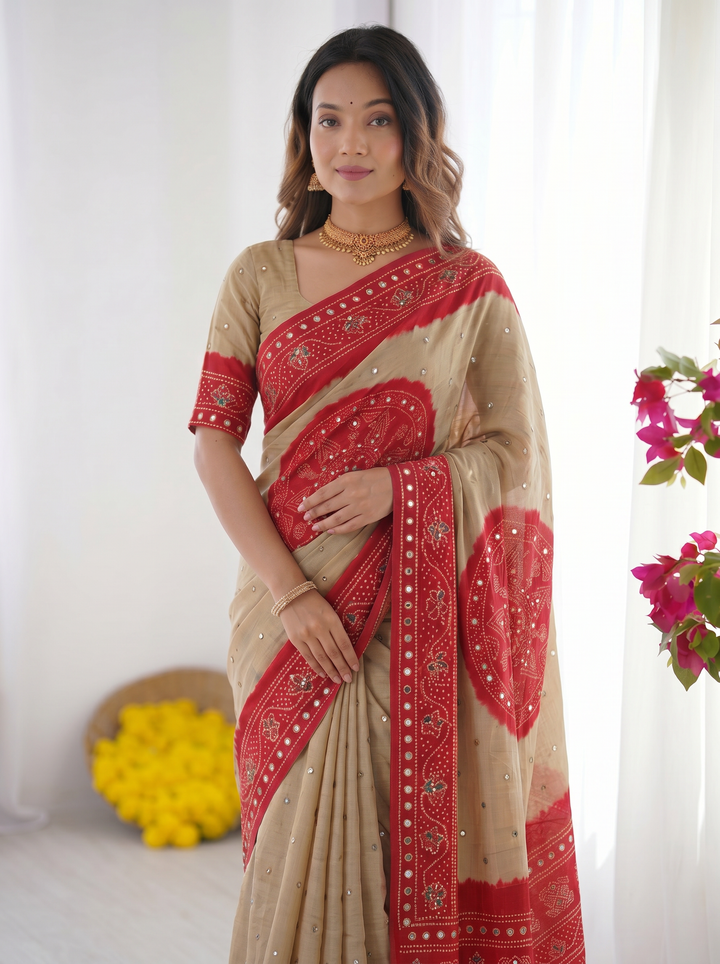 Beige &amp; Crimson Red Bandhani Inspired Modal Silk Saree with Traditional Folk Print Pallu &amp; Stone Embellishments