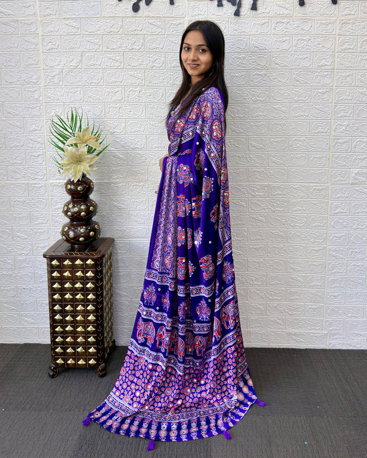 Royal Purple Modal Silk Ajrakh Print Saree with Elephant Motifs, Designer Pallu &amp; Tassels | Festive &amp; Ethnic Wear Saree