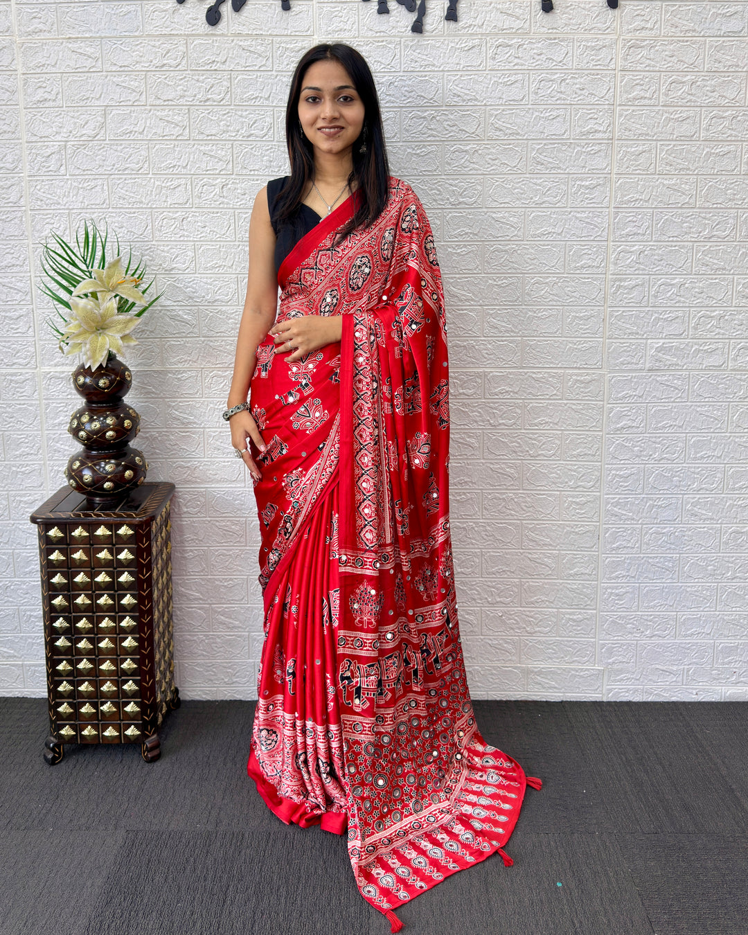 Rust Red Modal Silk Saree with Elephant Motif Ajrakh Print &amp; Designer Pallu | Traditional Ethnic Festive Wear Saree