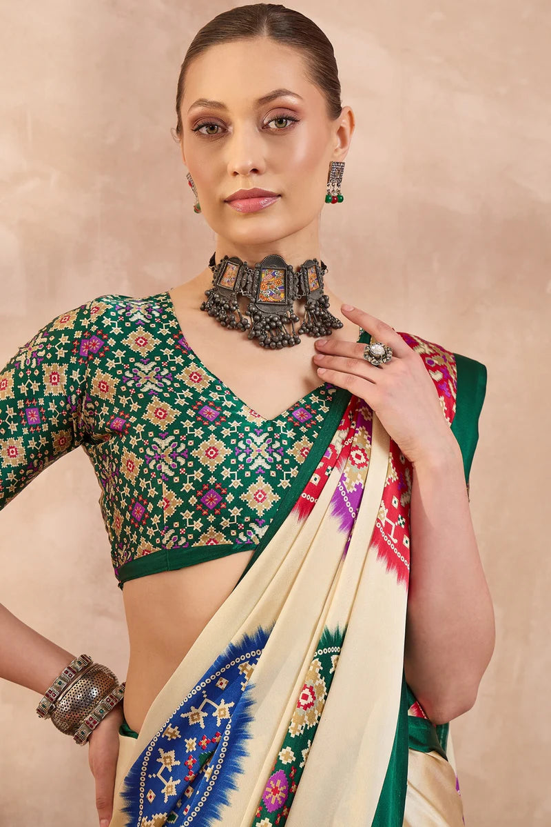 Cream Modal Silk Saree with Multicolor Patola-Inspired Print &amp; Emerald Green Border | Traditional Festive Wear Saree