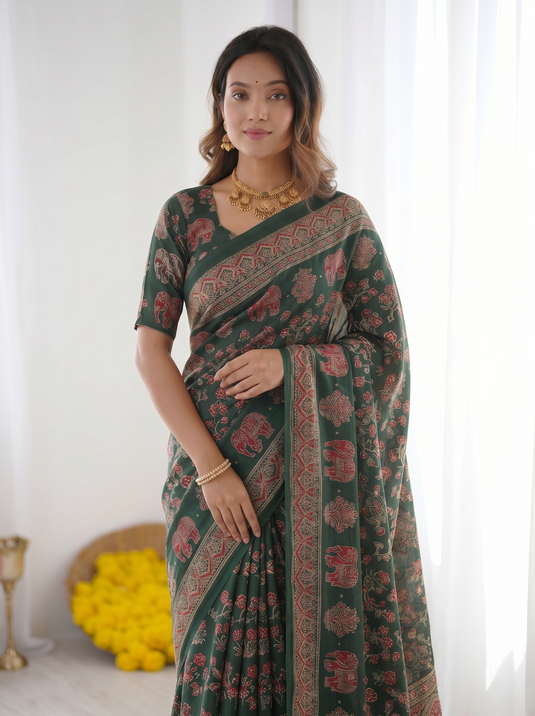 Forest Green Modal Silk Saree with Elephant Motif Ajrakh Print &amp; Designer Heritage Pallu | Traditional Festive Wear Saree