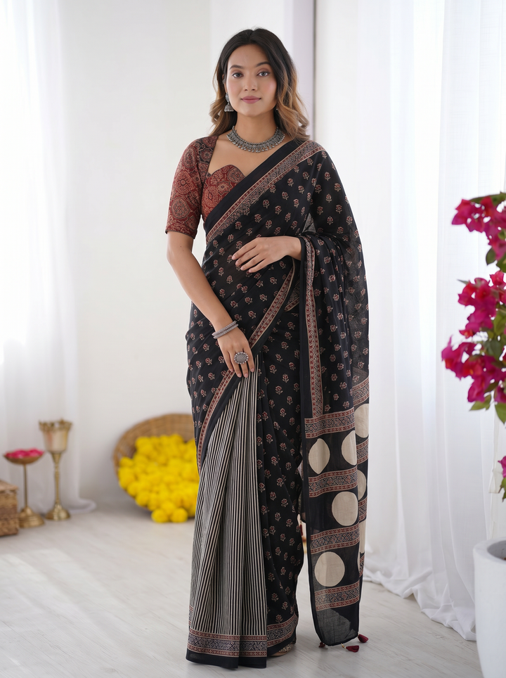 Black Modal Silk Saree with Floral Butti Prints, Striped Pleats &amp; Statement Geometric Designer Pallu