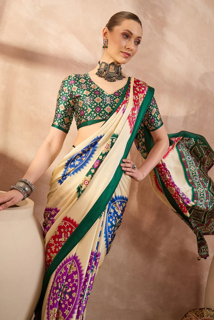 Cream Modal Silk Saree with Multicolor Patola-Inspired Print &amp; Emerald Green Border | Traditional Festive Wear Saree