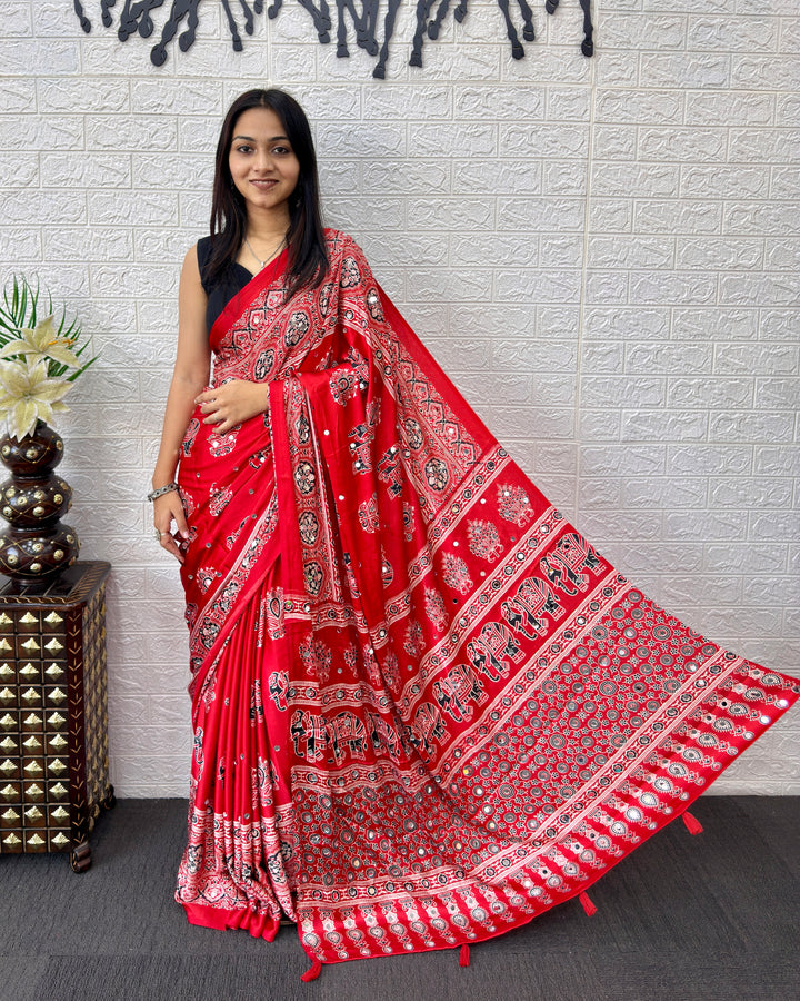 Rust Red Modal Silk Saree with Elephant Motif Ajrakh Print &amp; Designer Pallu | Traditional Ethnic Festive Wear Saree