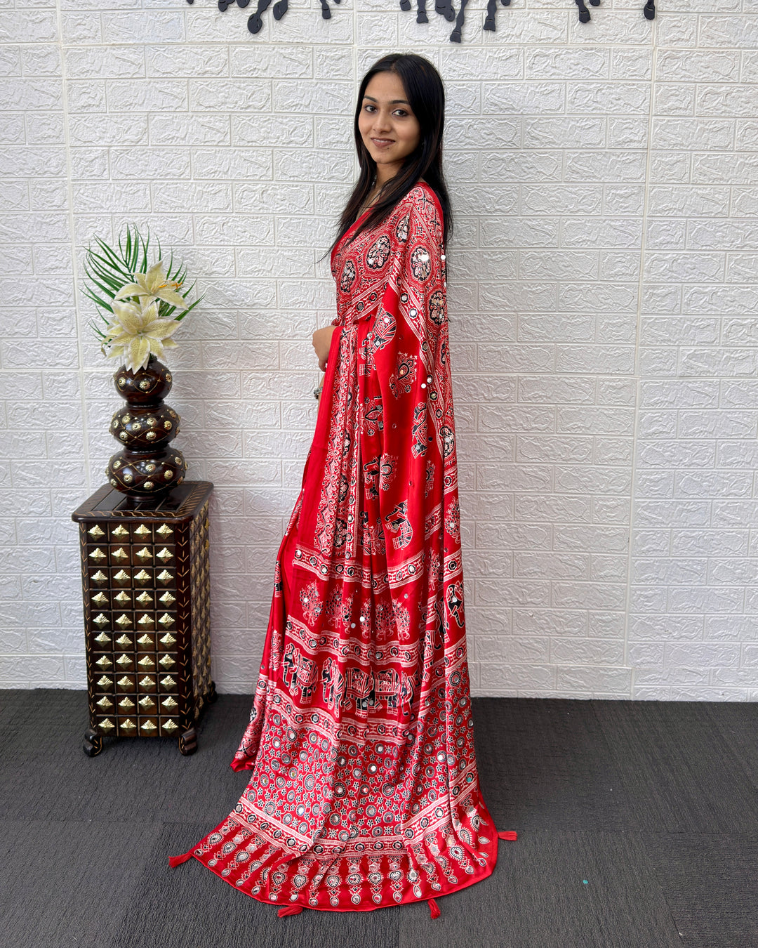 Rust Red Modal Silk Saree with Elephant Motif Ajrakh Print &amp; Designer Pallu | Traditional Ethnic Festive Wear Saree