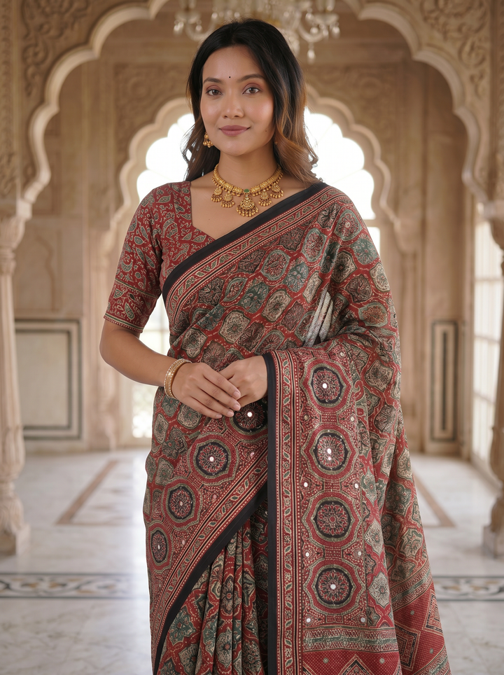 Vintage Rose Pure Modal Silk Saree with Intricate Heritage Mandala Print &amp; Designer Ethnic Pallu