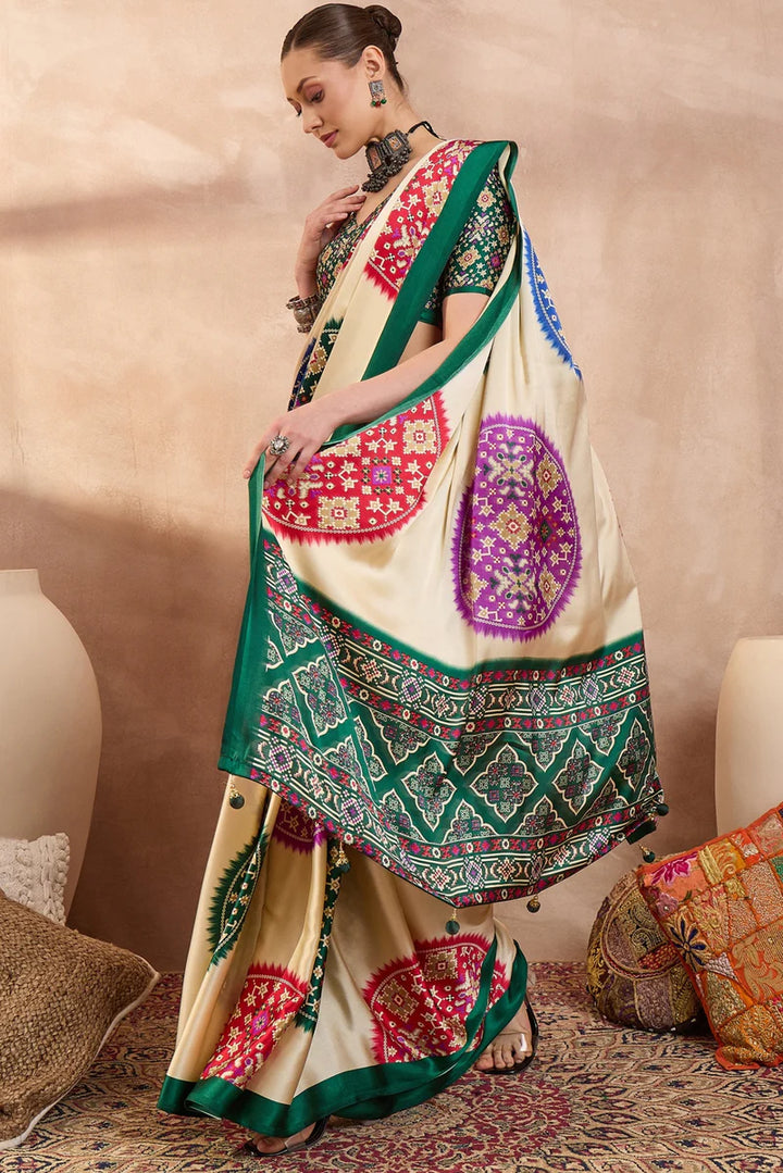 Cream Modal Silk Saree with Multicolor Patola-Inspired Print &amp; Emerald Green Border | Traditional Festive Wear Saree