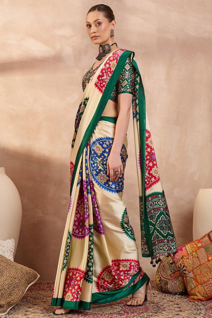 Cream Modal Silk Saree with Multicolor Patola-Inspired Print &amp; Emerald Green Border | Traditional Festive Wear Saree