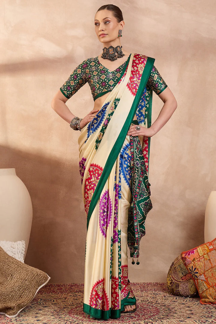 Cream Modal Silk Saree with Multicolor Patola-Inspired Print &amp; Emerald Green Border | Traditional Festive Wear Saree