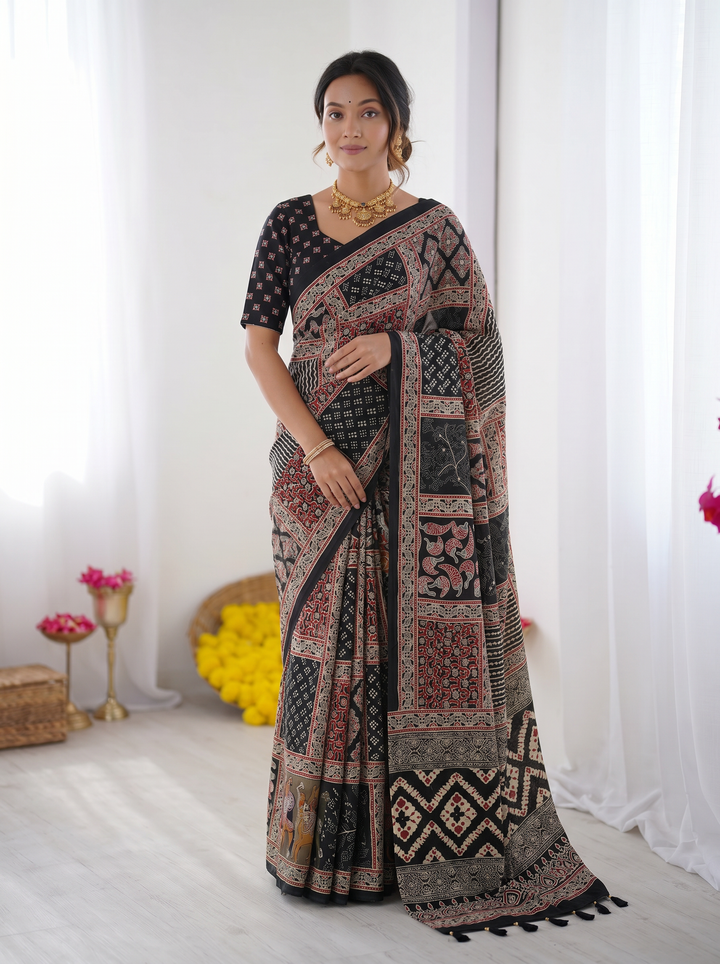 Black Modal Silk Saree with Tribal &amp; Geometric Print | Designer Heritage Pallu Saree for Festive Wear