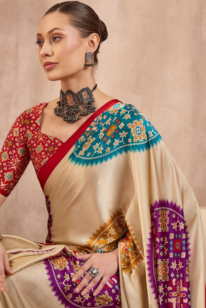 Cream Modal Silk Saree with Multicolor Patola-Inspired Print &amp; Ruby Red Border | Designer Festive Wear Saree