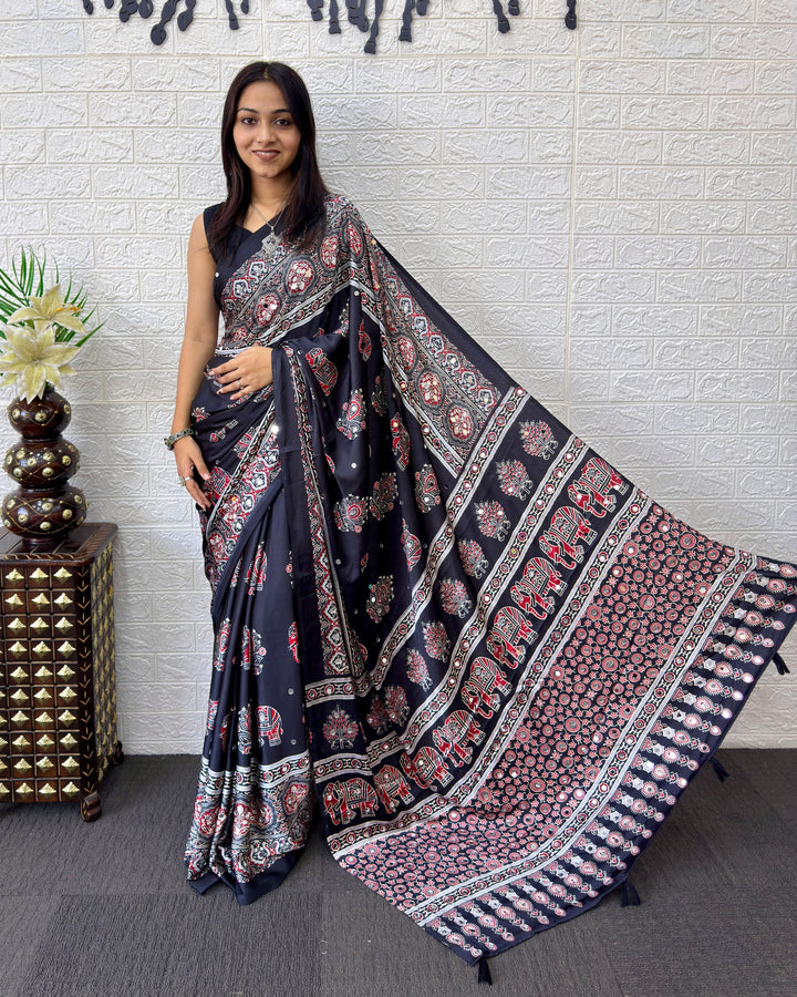 Black Modal Silk Saree with Elephant Motif Ajrakh Print &amp; Heritage Designer Pallu | Traditional Festive Wear Saree