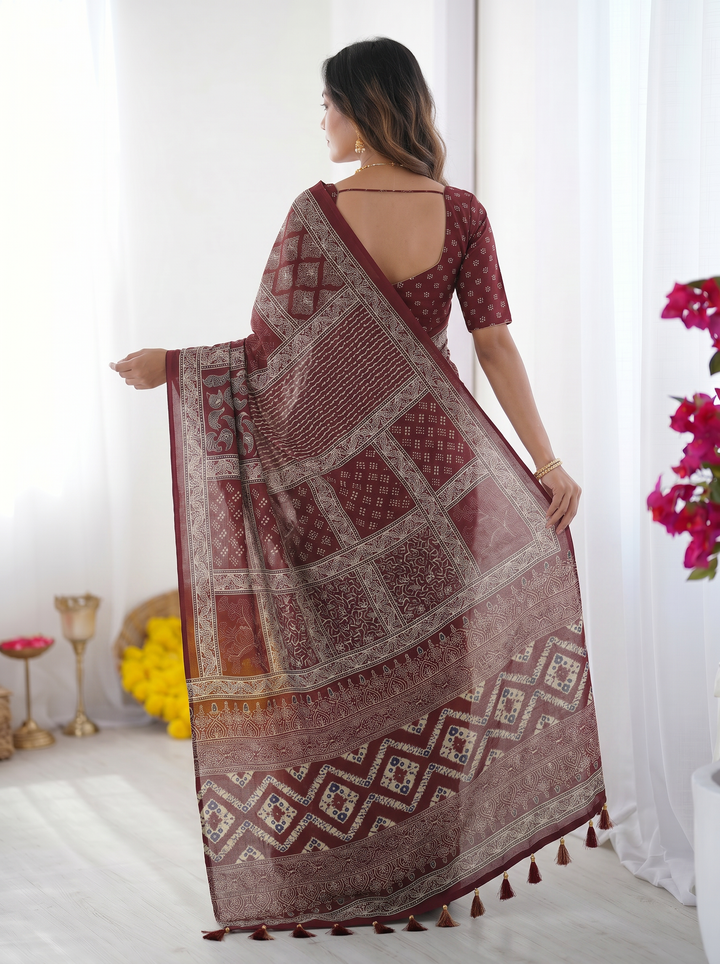 Maroon Modal Silk Saree with Tribal &amp; Geometric Print | Designer Ethnic Pallu Saree for Festive &amp; Cultural Wear