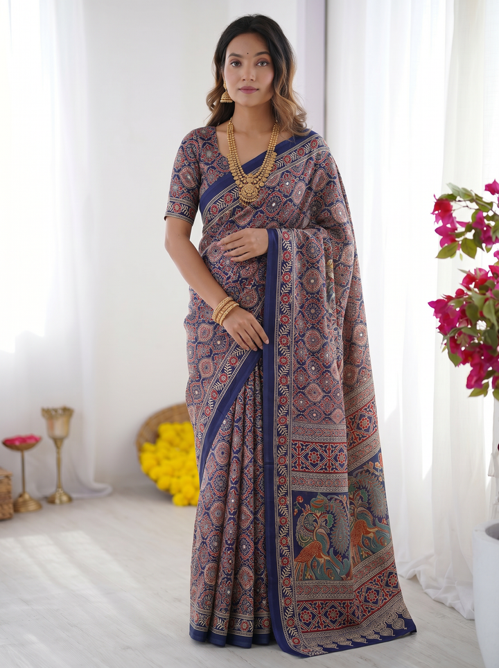 Royal Blue Modal Silk Saree with Intricate Ajrakh-Inspired Geometric Prints, Peacock Artistic Pallu &amp; Traditional Border