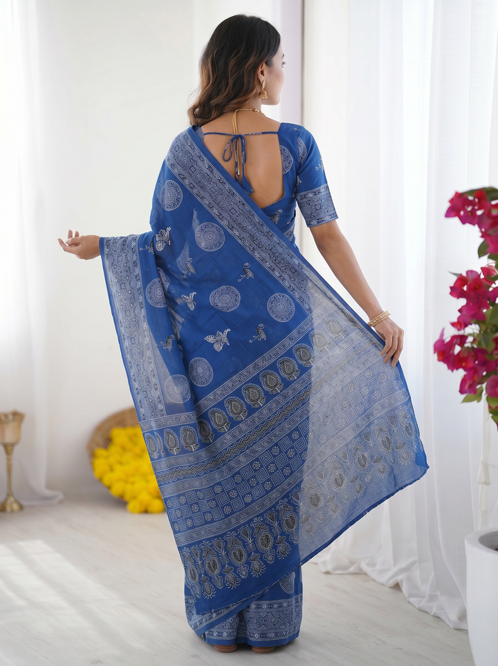 Royal Blue Modal Silk Saree with Paisley &amp; Circular Motif Print | Designer Heritage Pallu Saree for Festive Wear