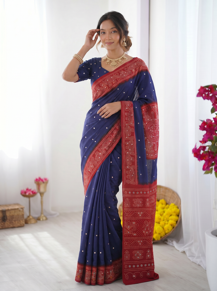 Royal Blue &amp; Crimson Red Bandhani Inspired Modal Silk Saree with Traditional Folk Art Pallu &amp; Stone Embellishments