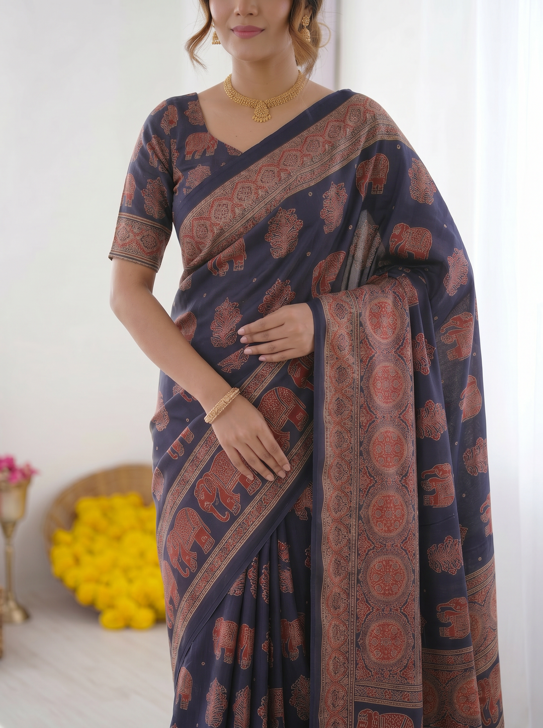 Navy Blue Modal Silk Saree with Elephant Motif Ajrakh Print &amp; Heritage Designer Pallu | Traditional Festive Wear Saree