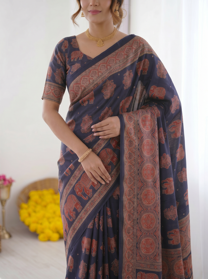 Navy Blue Modal Silk Saree with Elephant Motif Ajrakh Print &amp; Heritage Designer Pallu | Traditional Festive Wear Saree