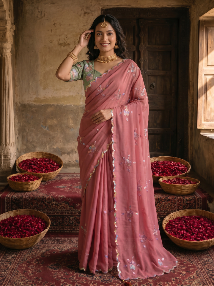 Dusty Rose Pink Georgette Embroidered Saree with Floral Sequin Work &amp; Contrast Designer Blouse