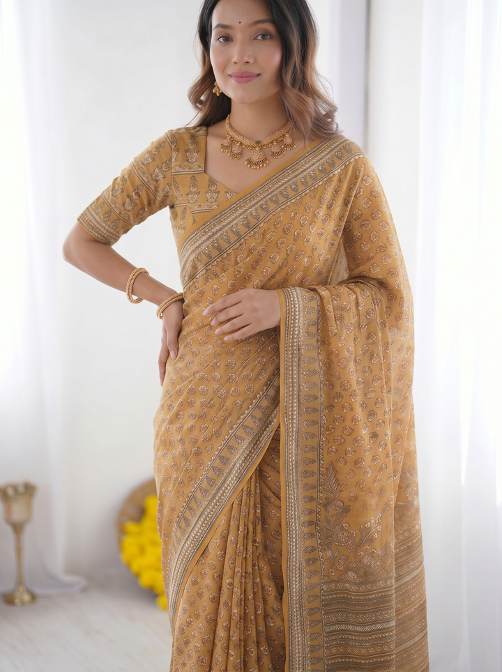 Mustard Yellow Modal Silk Saree with Traditional Floral Butti Prints, Heritage Border &amp; Elegant Designer Pallu