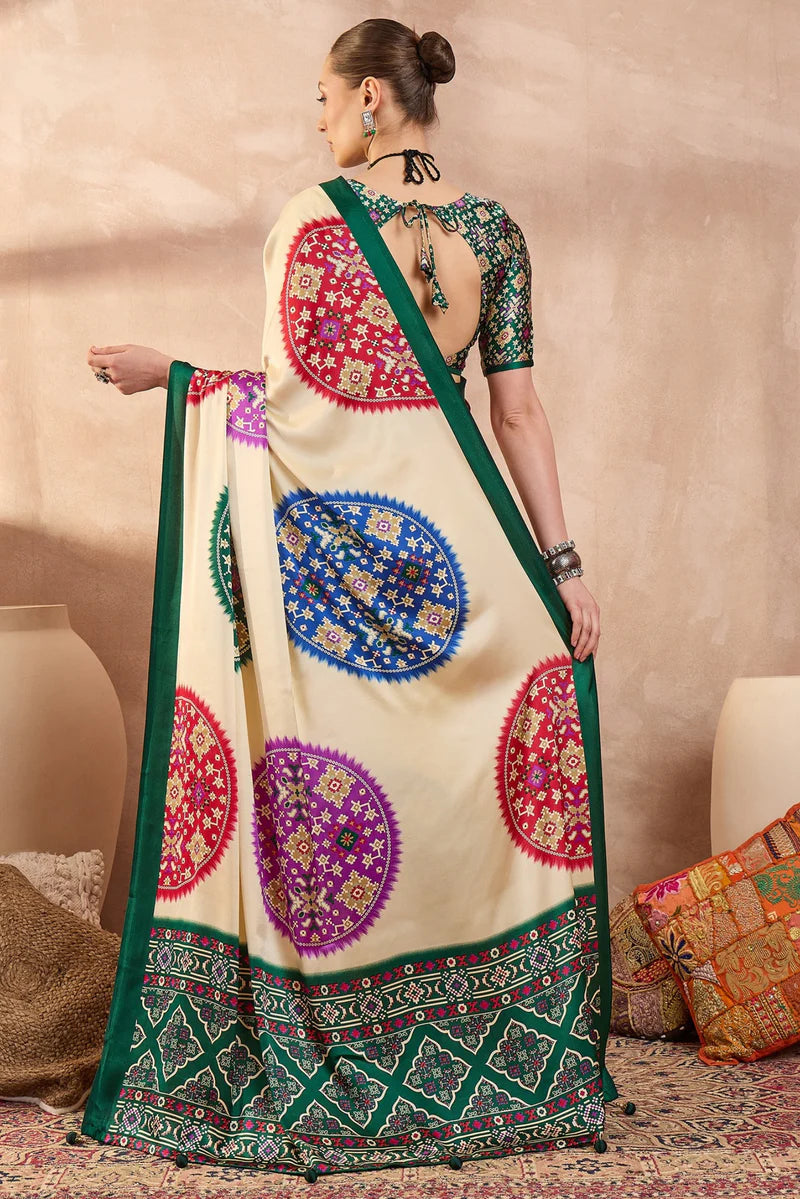 Cream Modal Silk Saree with Multicolor Patola-Inspired Print &amp; Emerald Green Border | Traditional Festive Wear Saree