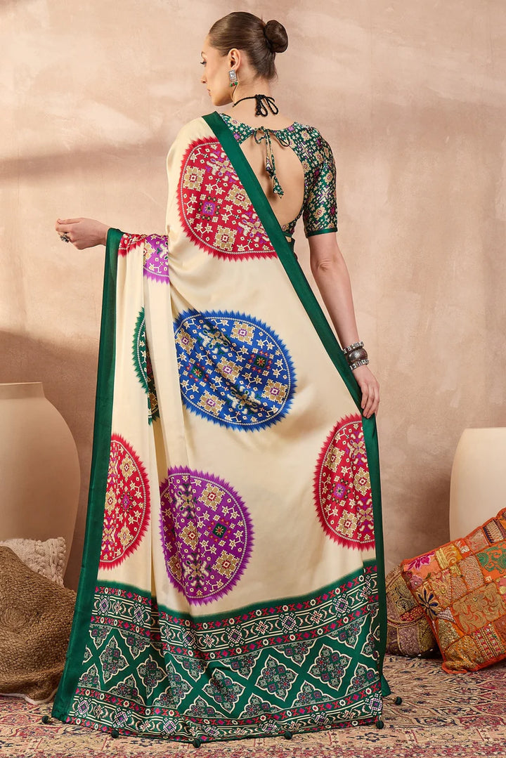 Cream Modal Silk Saree with Multicolor Patola-Inspired Print &amp; Emerald Green Border | Traditional Festive Wear Saree