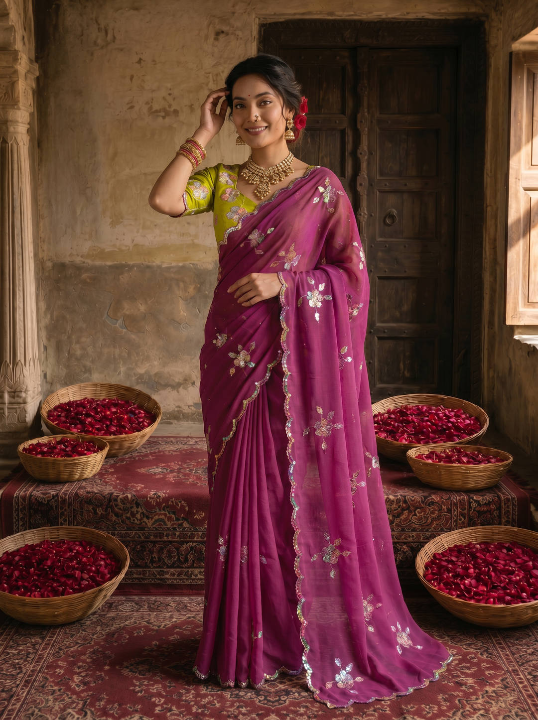 Magenta Purple Georgette Embroidered Saree with Floral Sequin Work &amp; Contrast Lime Green Blouse