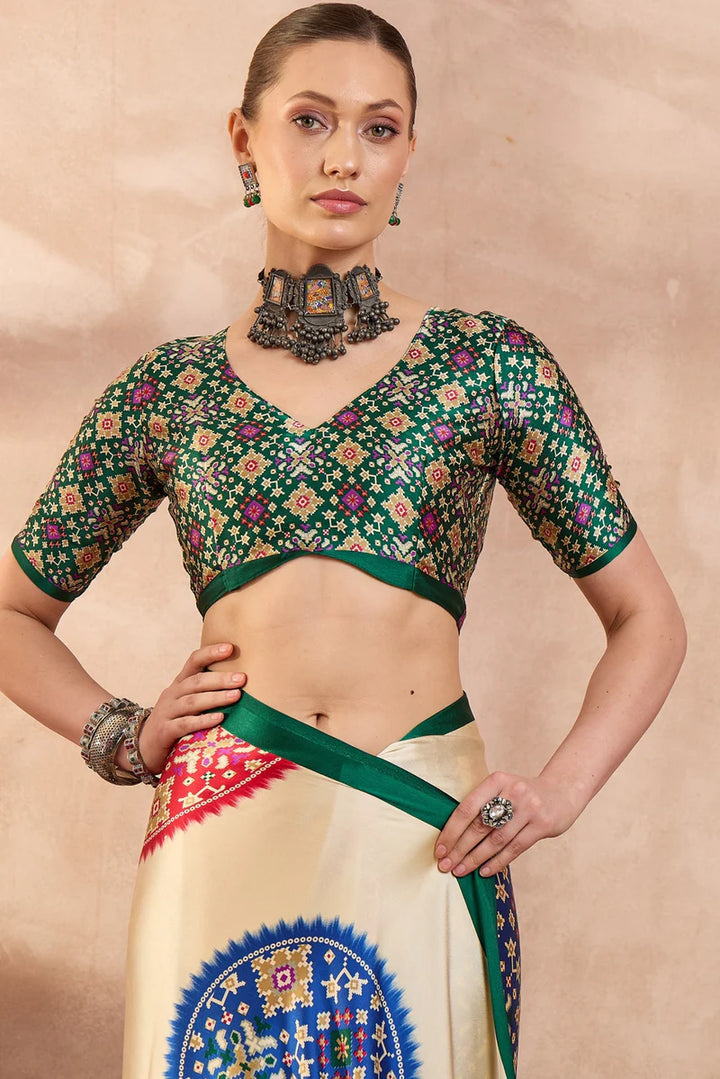 Cream Modal Silk Saree with Multicolor Patola-Inspired Print &amp; Emerald Green Border | Traditional Festive Wear Saree
