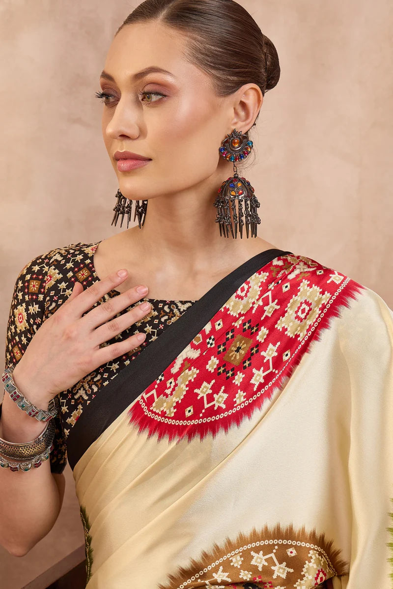 Ivory Cream Modal Silk Saree with Patola-Inspired Multicolor Print &amp; Black Designer Pallu | Festive &amp; Traditional Wear Saree