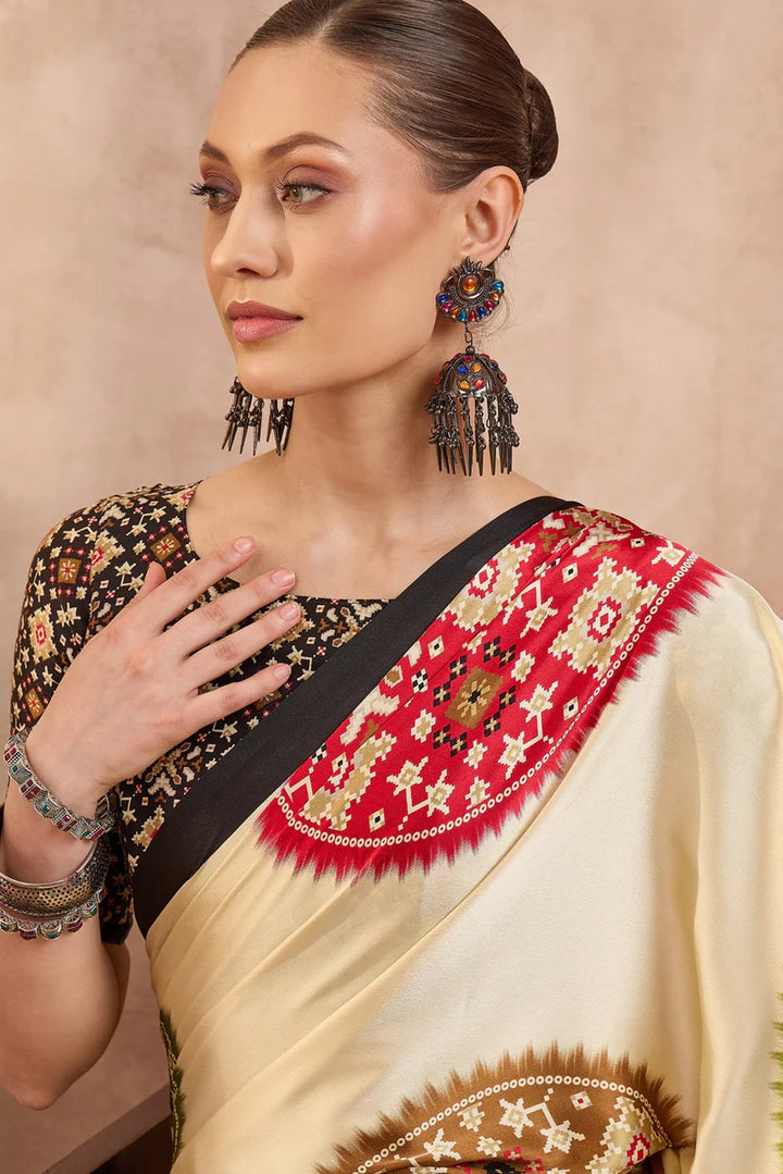 Ivory Cream Modal Silk Saree with Patola-Inspired Multicolor Print &amp; Black Designer Pallu | Festive &amp; Traditional Wear Saree